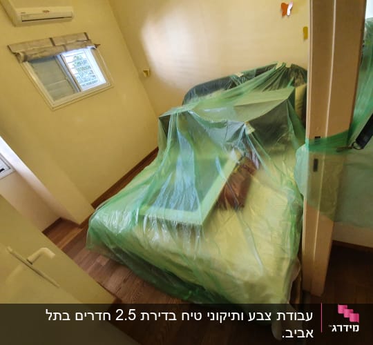 חדר עם רהיטים מכוסים בניילון לקראת צביעה